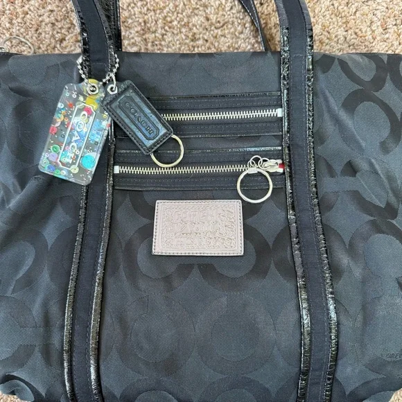 Coach 13826 Poppy Op Art Black Canvas Leather Tote Shoulder Hand Bag Purse EUC - Picture 12 of 16